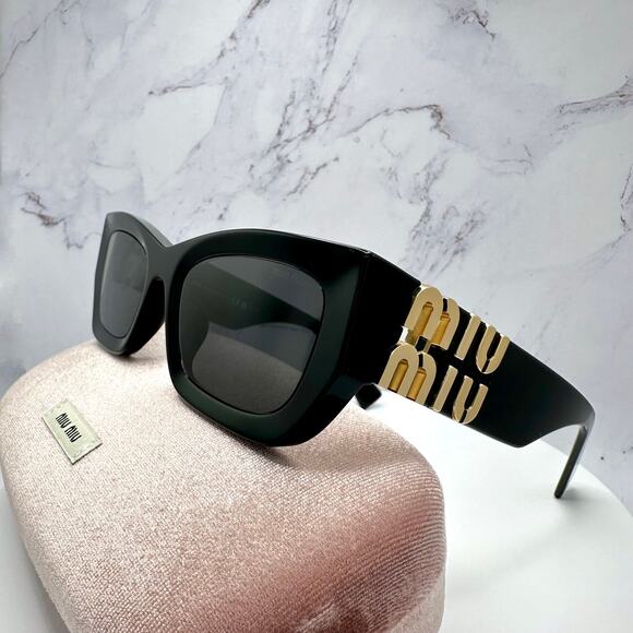 MIU MIU Sunglasses New Black Acetate Gold Metal Logo Square Cat Eye Authentic - Picture 7 of 16
